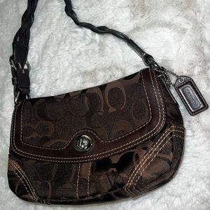 Coach dark brown cloth/leather monogram logo shoulder bag, barely used